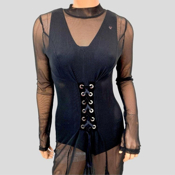 Unbranded Dresses & Skirts - Y2K Black Sheer Mesh Corset Dress Velvet Trim Lace Up Front Fairygrunge Goth S
